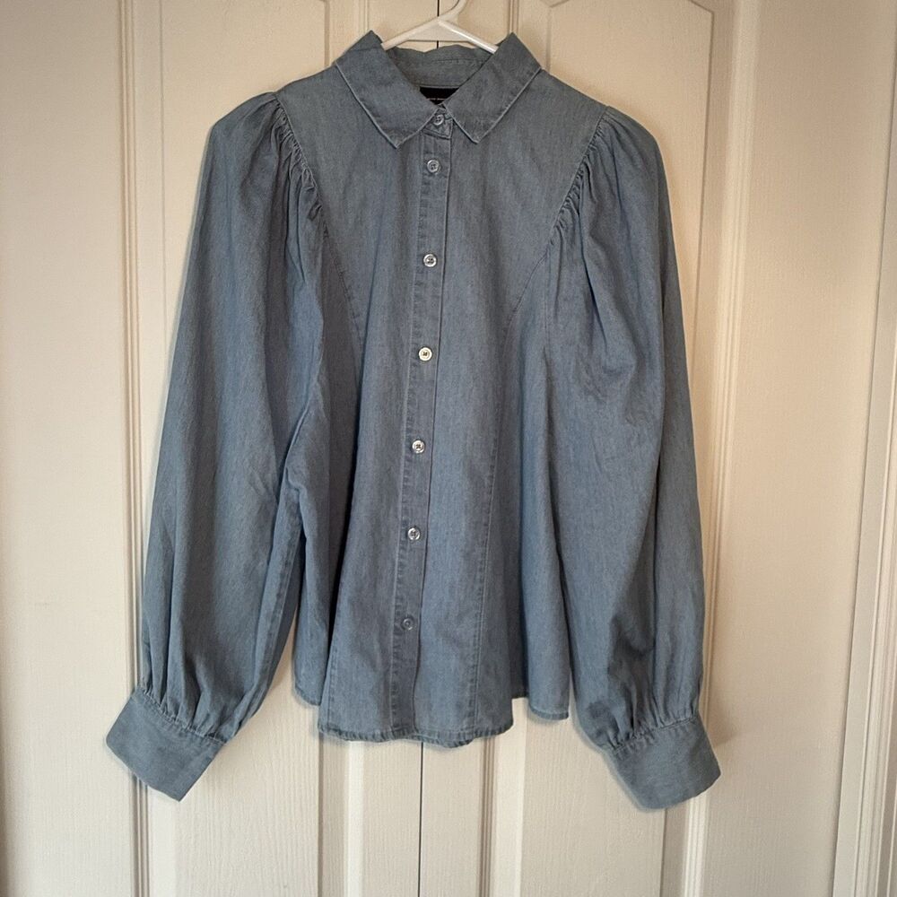 Who What Wear Women’s Chambray Denim Puff Sleeve Button Down Size Small
